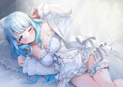 Rule 34 | 1girl, ;), absurdres, blue eyes, blue hair, blue nails, blush, bow, breasts, bridal garter, cleavage, collarbone, feet out of frame, frilled negligee, highres, indie virtual youtuber, jacket, lace-trimmed sleeves, lace trim, lens flare, light rays, lingerie, long hair, looking at viewer, lying, medium breasts, multi-strapped camisole, nail polish, natsumiya ramune, negligee, on side, one eye closed, open clothes, open jacket, pillow, sahara1127, smile, solo, spaghetti strap, sparkle, sunbeam, sunlight, underwear, virtual youtuber, wavy hair, white bow, white bridal garter, white jacket, white negligee
