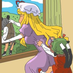 Rule 34 | 3girls, animal ears, back, blonde hair, bow, brown hair, cat ears, cat tail, chen, commentary request, curtains, dress, closed eyes, gloves, grey hair, hair bow, hair ornament, hat, holding, jaggy lines, jpeg artifacts, long hair, long sleeves, mob cap, mouse ears, mouse tail, multiple girls, multiple tails, nazrin, onikobe rin, puffy sleeves, purple dress, shirt, short hair, short sleeves, skirt, skirt set, tail, touhou, truth, vest, white gloves, window, yakumo yukari