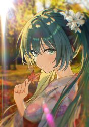 Rule 34 | 1girl, autumn, autumn leaves, breasts, floral print kimono, flower, from side, green eyes, green hair, hair between eyes, hair flower, hair ornament, hatsune miku, highres, holding, holding leaf, japanese clothes, kimono, leaf, lens flare, light blush, looking at viewer, looking to the side, maple leaf, medium breasts, outdoors, pink kimono, procreate (medium), sideways glance, smile, solo, tree, upper body, vocaloid, white flower, zeniaguan