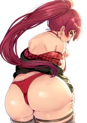 Rule 34 | 1girl, absurdres, ass, ass focus, ass grab, bare shoulders, bikini, blush, breasts, come hither, deep skin, from behind, highres, hololive, houshou marine, huge ass, jacket, large breasts, long hair, looking at viewer, looking back, nanamira bi, naughty face, orange eyes, ponytail, red hair, shiny skin, sideboob, smile, solo, swimsuit, thick thighs, thighhighs, thighs, thong, thong bikini, transparent background, very long hair, virtual youtuber