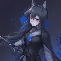 Rule 34 | 1girl, animal ear fluff, animal ears, arknights, belt, belt pouch, black cape, black hair, black vest, blood, blood splatter, blue blood, blue gloves, blue necktie, breasts, brown eyes, cape, colored blood, fingerless gloves, gloves, gradient background, grey background, hair between eyes, highres, holding, holding sword, holding weapon, long hair, looking at viewer, medium breasts, necktie, parted lips, pouch, shirt, shizhouyanjing, solo, sword, tail, texas (arknights), texas the omertosa (arknights), upper body, very long hair, vest, weapon, white shirt, wolf ears, wolf girl, wolf tail
