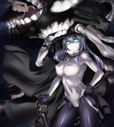 Rule 34 | 10s, 1girl, abyssal ship, aegis (nerocc), bodysuit, breasts, cameltoe, cane, cape, closed mouth, colored skin, covered navel, cowboy shot, covered erect nipples, glowing, glowing eyes, green eyes, hand on own hip, hat, kantai collection, large breasts, long hair, looking at viewer, pale skin, silver hair, solo focus, turret, white bodysuit, white skin, wo-class aircraft carrier