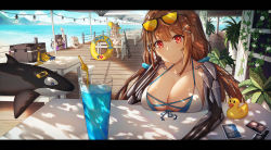 Rule 34 | 4girls, absurdres, aer7o, ak 5, ak 5 (girls&#039; frontline), ak 5 (southern wind) (girls&#039; frontline), assault rifle, banana, beach, bikini, breast rest, breasts, breasts on table, brown hair, carbine, cup, dappled sunlight, drinking glass, fn fnc, food, front-tie bikini top, front-tie top, fruit, girls&#039; frontline, gun, head rest, highres, js 9 (girls&#039; frontline), js 9 (orca&#039;s journey) (girls&#039; frontline), kac-pdw (girls&#039; frontline), kac-pdw (sweetheart in love) (girls&#039; frontline), large breasts, letterboxed, long hair, low twintails, mechanical arms, multiple girls, official alternate costume, outdoors, picnic table, plant, pp-19 (girls&#039; frontline), pp-19 (icy summer) (girls&#039; frontline), red eyes, rifle, scenery, solo focus, summer, sunlight, swimsuit, table, tinted eyewear, twintails, very long hair, weapon, wooden floor, yellow-tinted eyewear