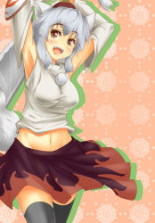 Rule 34 | 1girl, animal ears, armpits, arms up, bare shoulders, breasts, brown eyes, detached sleeves, fang, female focus, fukunaga kazuhiro, groin, hat, highres, inubashiri momiji, midriff, navel, open mouth, red eyes, short hair, silver hair, skirt, smile, solo, sword, tail, thighhighs, tokin hat, touhou, weapon, wolf ears, wolf tail, zettai ryouiki