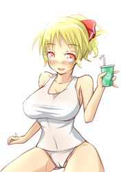 Rule 34 | 1girl, absurdres, blonde hair, blush, bow, breasts, cameltoe, covered erect nipples, cup, drinking straw, embodiment of scarlet devil, fang, female focus, hair bow, hair ribbon, highres, himenomikan, large breasts, aged up, one-piece swimsuit, open mouth, red eyes, ribbon, rumia, school swimsuit, shirt, smile, solo, swimsuit, taut clothes, taut shirt, touhou