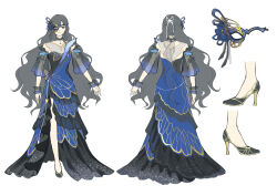 Rule 34 | 1girl, alternate costume, bare shoulders, black dress, black footwear, black hair, black wrist cuffs, blue dress, blue flower, breasts, carnival mask, character sheet, cleavage, clothing cutout, dress, eye mask, flower, high heels, highres, isolde (reverse:1999), layered dress, long dress, long hair, multiple views, purple eyes, reverse:1999, see-through clothes, see-through cleavage, shoulder cutout, side slit, standing, turnaround, two-tone dress, very long hair, wavy hair, white background, wrist cuffs, xincloustan