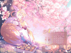 Rule 34 | 3girls, absurdres, animal ears, arknights, bare shoulders, bento, black collar, black gloves, blonde hair, calendar (medium), cherry blossoms, closed eyes, closed mouth, clothing cutout, collar, commentary, copyright name, copyright notice, dress, english commentary, falling petals, film grain, food, fox ears, fox girl, fox tail, gloves, hairband, highres, infection monitor (arknights), kitsune, koh rd, kyuubi, morte (arknights), multicolored hair, multiple girls, multiple tails, official art, outdoors, petals, popukar (arknights), pouch, second-party source, shamare (arknights), shoulder cutout, solo focus, spring (season), suzuran (arknights), tail, two-tone hair, white dress, white hair