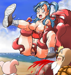 Rule 34 | 1boy, 1girl, bald, beach, beard, bestiality, blood, blue eyes, blue hair, blue sky, blush, breasts, breasts out, bulma, censored, cloud, creature, day, dragon ball, facial hair, glasses, hair bobbles, hair ornament, interspecies, large breasts, large penis, long hair, matching hair/eyes, monster, mosaic censoring, mustache, muten roushi, nosebleed, ocean, octopus, old, old man, oolong, open mouth, outdoors, penis, pig, pussy, shoes, side ponytail, sky, sneakers, socks, sunglasses, takimoto dojo, tentacles, turtle shell