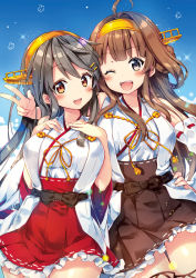Rule 34 | 10s, 2girls, :d, ;d, ahoge, bare shoulders, black hair, boots, brown eyes, brown hair, commentary request, detached sleeves, double bun, hair ornament, hairband, hairclip, hands on own chest, haruna (kancolle), headgear, japanese clothes, kantai collection, kongou (kancolle), long hair, multiple girls, nontraditional miko, one eye closed, open mouth, ribbon-trimmed sleeves, ribbon trim, riichu, smile, thigh boots, thighhighs, v, wide sleeves