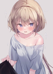 Rule 34 | 1girl, blush, breasts, brown hair, cleavage, commentary request, ebihara beniko, grey background, grey shirt, hair between eyes, hair intakes, highres, long hair, looking at viewer, off shoulder, original, parted lips, purple eyes, shirt, short sleeves, simple background, small breasts, solo, sweat, translation request, upper body, very long hair