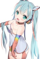 Rule 34 | 1girl, 6 (roku), alternate costume, aqua eyes, aqua hair, bare shoulders, blush, breasts, choker, cleavage, clothes writing, cowboy shot, from above, gloves, goodsmile company, goodsmile racing, hair between eyes, hair ornament, hatsune miku, headphones, long hair, looking at viewer, looking up, medium breasts, omucchan (omutyuan), open mouth, race queen, racing miku, racing miku (2016), red gloves, red legwear, signature, simple background, smile, solo, strapless, twintails, very long hair, vocaloid, white background