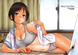 Rule 34 | 1girl, art brush, artist name, bare shoulders, blush, breasts, brown eyes, brown hair, canvas (object), cleavage, closed mouth, collarbone, crotch seam, curtains, day, food, fruit, grey panties, grey sports bra, groin, hamao, highres, indoors, looking at viewer, lying, medium breasts, midriff, navel, non-web source, on side, one-piece tan, open clothes, open shirt, original, paint, paintbrush, painting (action), panties, peach, shiny skin, shirt, short hair, short sleeves, solo, sports bra, stomach, sweat, tan, tanline, underwear, undressing, very short hair, window