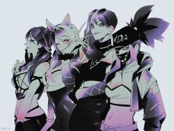 Rule 34 | 4girls, ahri (league of legends), akali, animal ears, belt, braid, breasts, claws, cleavage, closed mouth, collarbone, covered navel, crop top, dress, earrings, evelynn (league of legends), eyewear on head, facial mark, finger to mouth, fingernails, glasses, grey background, hat, heart, highres, jacket, jewelry, k/da (league of legends), k/da ahri, k/da akali, k/da evelynn, k/da kai&#039;sa, kai&#039;sa, league of legends, long fingernails, long hair, mask, monochrome, mouth mask, multiple girls, navel, one eye closed, panza, parted lips, shaded face, signature, simple background, single earring, slit pupils, smile, twitter username