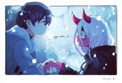 Rule 34 | 10s, 1boy, 1girl, black hair, blue eyes, coat, colored skin, couple, darling in the franxx, fur trim, green eyes, grey coat, highres, hiro (darling in the franxx), horns, ki on, long hair, looking at another, parka, pink hair, red skin, short hair, snowing, spoilers, zero two (darling in the franxx)