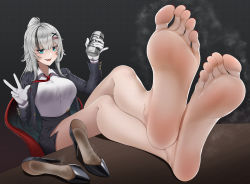 Rule 34 | 1girl, absurdres, barefoot, beer can, blue eyes, c14 (girls&#039; frontline), can, chair, drink can, feet, girls&#039; frontline, highres, long hair, looking at viewer, open mouth, ponytail, shoes, silver hair, sitting, soles, steam, table, toes, tsa, unworn shoes