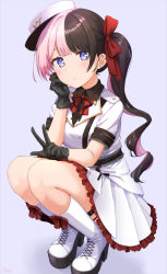Rule 34 | 1girl, basa rutan, black gloves, black hair, black shirt, boots, bow, collared shirt, commentary request, cross-laced footwear, frilled skirt, frills, gloves, hair bow, hat, highres, iris black games, jacket, knees up, lace-up boots, long hair, looking at viewer, multicolored hair, peaked cap, pink hair, platform boots, platform footwear, purple background, red bow, shadow, shirt, short sleeves, side ponytail, simple background, skirt, solo, split-color hair, squatting, tachibana hinano (vtuber), two-tone hair, very long hair, virtual youtuber, vspo!, w, white footwear, white hat, white jacket, white skirt