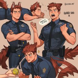 Rule 34 | 1boy, animal ears, artist name, ball, bara, belt, blush, brown eyes, dog boy, dog ears, dog tail, etceteraart, fangs, highres, lying, male focus, muscular, muscular male, necktie, original, pectorals, police, police uniform, policeman, red hair, solo, sparkle, speech bubble, tail, tail wagging, tennis ball, text focus, uniform