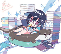 Rule 34 | 1girl, bare arms, bare legs, bare shoulders, barefoot, baseball cap, bikini, black-framed eyewear, black bikini, black hair, black hat, black sailor collar, book, book stack, brown hair, chibi, clothes writing, commentary request, fish hair ornament, food, food in mouth, glasses, hair between eyes, hair ornament, hat, headwear writing, holding, holding book, long hair, mouth hold, open book, original, popsicle, sailor collar, satsuki misuzu, semi-rimless eyewear, shirt, signature, sleeveless, sleeveless shirt, solo, sparkle, swimsuit, tied shirt, under-rim eyewear, very long hair, wading pool, water, white shirt