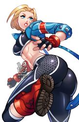 Rule 34 | 1girl, abs, armored gloves, ass, black pants, black sports bra, blonde hair, blue eyes, blue jacket, boots, breasts, cammy white, capri pants, combat boots, commentary, cropped jacket, english commentary, facial scar, fingerless gloves, gloves, hakuramen, highres, imminent kick, jacket, leather, leather jacket, lips, medium breasts, midriff, mole, mole on stomach, pants, red footwear, scar, scar on cheek, scar on face, short hair, simple background, single vambrace, solo, sports bra, street fighter, street fighter 6, tight clothes, tight pants, toned, vambraces, watermark, white background