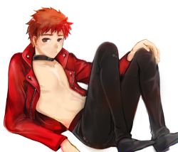 Rule 34 | 10s, 1boy, archer (fate), archer (fate) (cosplay), bad id, bad pixiv id, brown eyes, collar, cosplay, emiya shirou, fate/extra, fate/extra ccc, fate/stay night, fate (series), jacket, leather, leather pants, maa (29kuu), male focus, open clothes, open shirt, pants, red hair, red jacket, shirt, solo, yellow eyes
