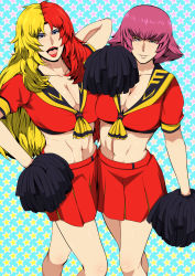Rule 34 | 2girls, bare legs, blue eyes, breasts, chara soon, cheerleader, cleavage, greco roman (spiral brain), gundam, gundam zz, haman karn, highres, large breasts, legs, long hair, looking at viewer, makeup, midriff, multicolored hair, multiple girls, navel, open mouth, parted lips, pink hair, pom pom (cheerleading), red skirt, short hair, simple background, skirt, smile, standing, thighs