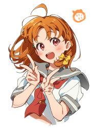 Rule 34 | 1girl, :d, blush, bow, braid, cropped torso, double v, grey sailor collar, hair bow, highres, hotechige, looking at viewer, love live!, love live! sunshine!!, midriff peek, neckerchief, open mouth, orange hair, red eyes, red neckerchief, sailor collar, school uniform, serafuku, shirt, short sleeves, side braid, simple background, smile, solo, summer uniform, takami chika, teeth, upper body, upper teeth only, uranohoshi school uniform, v, white background, white shirt, yellow bow