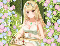 Rule 34 | 1girl, alternate costume, blonde hair, breasts, cake, cleavage, closed mouth, dress, flower, food, gem, hair ornament, headpiece, highres, jewelry, ken-san, long hair, looking at viewer, morning glory, mythra (xenoblade), nintendo, plant, smile, solo, summer, sundress, swept bangs, table, tiara, very long hair, xenoblade chronicles (series), xenoblade chronicles 2