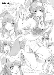 Rule 34 | 1girl, animal ears, arms up, bare shoulders, blue archive, blunt bangs, blush, breasts, cheering, cheerleader, crop top, dog ears, dog girl, dog tail, eyewear on head, flying sweatdrops, goshiki suzu, greyscale, halo, hibiki (blue archive), hibiki (cheer squad) (blue archive), highres, long hair, looking at viewer, medium breasts, millennium cheerleader outfit (blue archive), miniskirt, monochrome, multiple views, navel, official alternate costume, on one knee, open mouth, pom pom (cheerleading), sketch, skirt, smile, tail