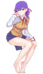 Rule 34 | 1girl, absurdres, bare legs, barefoot, blue eyes, blue hair, blue skirt, blush, breasts, clothes lift, fate/stay night, fate (series), feet, from side, full body, hair ribbon, highres, homurahara academy school uniform, large breasts, legs, long legs, long sleeves, looking at viewer, looking to the side, matou sakura, neck ribbon, purple ribbon, red ribbon, ribbon, school uniform, shikuro (masax1107), sitting, skirt, skirt lift, smile, solo, sweater vest, thighs, toes