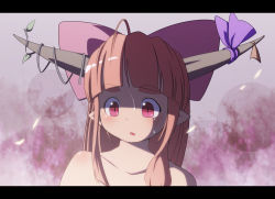 Rule 34 | 1girl, anime coloring, bad id, bad nicoseiga id, border, bow, gradient background, hair bow, horn ornament, horn ribbon, horns, ibuki suika, letterboxed, long hair, mimiru (mimill), open mouth, orange hair, pointy ears, red eyes, ribbon, shaded face, slit pupils, solo, sweat, topless, touhou