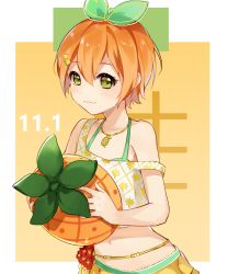 Rule 34 | 1girl, bare arms, bare shoulders, blush, closed mouth, collarbone, commentary request, dated, green eyes, green ribbon, hair between eyes, hair ornament, hair ribbon, hairclip, highres, holding, hoshizora rin, jewelry, leafwow, love live!, love live! school idol project, midriff, navel, orange hair, pendant, ribbon, short hair, skirt, smile, solo, strap slip, tank top, white tank top, yellow skirt
