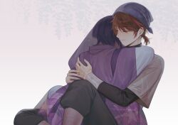 Rule 34 | 2boys, bandaged arm, bandages, brown hair, closed eyes, commentary, english commentary, eucalypink, genshin impact, grey scarf, head scarf, highres, hug, japanese clothes, male focus, multiple boys, niwa (genshin impact), ponytail, purple hair, scar, scar on hand, scaramouche (genshin impact), scaramouche (kabukimono) (genshin impact), scarf, short hair, short ponytail, signature, simple background, smile, veil, white background