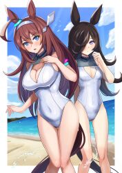 Rule 34 | 2girls, absurdres, ahoge, alternate costume, animal ears, beach, blue eyes, blue sky, blush, border, breasts, brown hair, caitlyn0104, cleavage, closed mouth, cloud, cloudy sky, commentary request, cowboy shot, ear ornament, gluteal fold, hair between eyes, hair ornament, hair over one eye, highres, horse ears, horse girl, horse tail, large breasts, long hair, mihono bourbon (umamusume), multiple girls, no headwear, ocean, one-piece swimsuit, open mouth, outdoors, parted lips, partial commentary, purple eyes, rice shower (umamusume), sand, sky, small breasts, swimsuit, tail, umamusume, very long hair, white border, white one-piece swimsuit