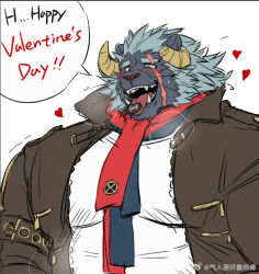 Rule 34 | 1boy, bara, blush, breath, candy, chocolate, chocolate heart, curled horns, english text, food, food in mouth, furry, furry male, grey fur, happy valentine, heart, horns, huge pectorals, jacket, krampus (housamo), loving aura, male focus, mature male, medium hair, muscular, muscular male, open clothes, open jacket, scar, scar across eye, solo, thick eyebrows, tokyo houkago summoners, tongue, tongue out, tusks, uken l, upper body