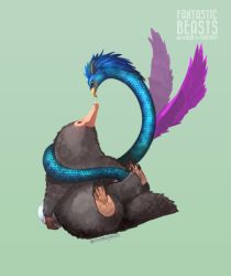 Rule 34 | artist name, copyright name, fantastic beasts and where to find them, feathered wings, fur trim, green background, harry potter (series), jippei, niffler, no humans, occamy, simple background, wings, wizarding world