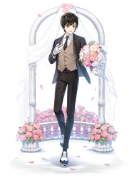 Rule 34 | 1boy, :d, arch, black hair, black jacket, black necktie, black pants, black socks, blue eyes, blush, bouquet, brown vest, chrysanthemum, closers, collared shirt, falling petals, flower, formal, full body, gloves, hand on own chest, hand up, highres, holding, holding bouquet, jacket, looking at viewer, male focus, necktie, official art, open mouth, outstretched arm, oxfords, pants, petals, pink flower, pink rose, plant, potted plant, railing, rose, rose bush, seha lee, shirt, short hair, smile, socks, solo, suit, swept bangs, tachi-e, vest, walking, white background, white flower, white footwear, white gloves, white shirt