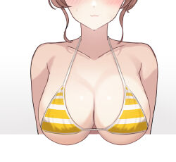 Rule 34 | 1girl, :3, anguss, bikini, blush, breasts, brown hair, cropped torso, facing viewer, head out of frame, highres, large breasts, micro bikini, sidelocks, simple background, solo, striped bikini, striped clothes, sweat, swimsuit, underboob, upper body, victory (waktaverse), virtual youtuber, waktaverse, white background, white bikini, yellow bikini