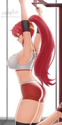 Rule 34 | 1girl, armpits, arms up, breasts, circlet, crop top, cslucaris, glasses, gym shorts, hair ornament, high ponytail, large breasts, long hair, looking at viewer, looking to the side, pyrrha nikos, red footwear, red hair, red shorts, rwby, shoes, short shorts, shorts, sideboob, signature, sneakers, solo, sweat, very long hair, watermark, web address