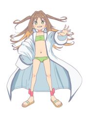 Rule 34 | 1girl, alternate hair length, alternate hairstyle, ankle cuffs, bikini, brown hair, coat, colored inner hair, commentary, flat chest, flip-flops, full body, green bikini, green eyes, grin, hair intakes, legs apart, long hair, long sleeves, looking at viewer, multicolored hair, navel, oka asahi, onii-chan wa oshimai!, orange hair, outstretched arm, oversized clothes, sandals, simple background, sleeves past wrists, smile, solo, standing, stomach, swimsuit, swimsuit under clothes, tama go, two-tone hair, two side up, v-shaped eyebrows, white background, white coat