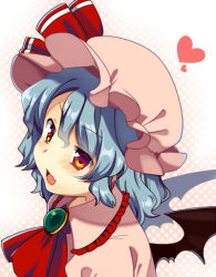 Rule 34 | 1girl, :d, bad id, bad pixiv id, bat wings, blue hair, blush, female focus, hat, hat ribbon, heart, matatabi maru, open mouth, red eyes, remilia scarlet, ribbon, short hair, simple background, smile, solo, touhou, white background, wings