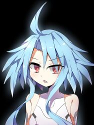 Rule 34 | 1girl, ahoge, black background, blue hair, breasts, commentary request, expressionless, glowing, hair between eyes, highres, kurokasu, leotard, light blue hair, neptune (series), open mouth, power symbol, power symbol-shaped pupils, red eyes, short hair with long locks, sidelocks, simple background, small breasts, solo, symbol-shaped pupils, upper body, white heart (neptunia), white leotard