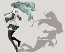 Rule 34 | bad id, bad pixiv id, detached sleeves, green hair, hatsune miku, moirae, shadow, skirt, solo, thighhighs, twintails, vocaloid, zettai ryouiki
