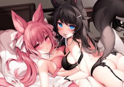 Rule 34 | 2girls, animal ears, ass, bed, black bra, black hair, black panties, blue eyes, blush, bra, breasts, bright pupils, fox ears, fox tail, garter belt, girl on top, gloves, hair ornament, hair ribbon, hairclip, large breasts, long hair, lying, mouth hold, multiple girls, neck ribbon, on bed, original, panties, pillow, pink eyes, pink hair, ribbon, ribbon in mouth, symbol-only commentary, tail, thong, twintails, underwear, white gloves, yuri, zerocat