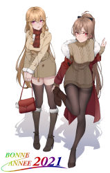 Rule 34 | 2021, 2girls, absurdres, azur lane, bag, beige coat, black bow, black footwear, black pantyhose, black thighhighs, blonde hair, boots, bow, breasts, brown footwear, buttons, coat, double-breasted, full body, fur-trimmed boots, fur-trimmed coat, fur trim, happy new year, high heel boots, high heels, highres, holding, holding bag, jean bart (azur lane), jewelry, large breasts, long hair, multiple girls, new year, open clothes, open coat, ornate ring, pantyhose, plaid, plaid scarf, ponytail, purple eyes, red bag, red coat, red eyes, red scarf, richelieu (azur lane), ring, scarf, shadow, simple background, stiletto heels, thighband pantyhose, thighhighs, white background, wsfw