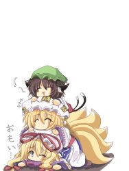 Rule 34 | 3girls, animal ears, bad id, bad pixiv id, blonde hair, bow, breast press, breasts, brown hair, cat ears, cat girl, cat tail, chen, closed eyes, expressive clothes, female focus, fox tail, hat, homura bi, lying, multiple girls, multiple tails, musical note, one eye closed, purple eyes, ribbon, simple background, smile, stacking, tail, touhou, translated, wink, yakumo ran, yakumo yukari