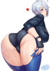 Rule 34 | 1girl, angel (kof), artist name, ass, ass focus, black gloves, black jacket, black panties, blue eyes, breasts, fingerless gloves, gloves, gonster, hair over one eye, heart, highres, jacket, large breasts, lips, looking at viewer, looking back, panties, presenting, short hair, simple background, sleeves rolled up, solo, sweat, the king of fighters, the king of fighters xv, thighhighs, thighs, underwear, white background, white hair