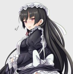 Rule 34 | 1girl, alternate costume, apron, artist name, black dress, black hair, blush, closed mouth, dated, dress, enmaided, frilled dress, frilled sleeves, frills, grey background, hat, isokaze (kancolle), juliet sleeves, kantai collection, long hair, long sleeves, maid, maid apron, mob cap, puffy sleeves, red eyes, signature, simple background, solo, tk8d32, upper body, white apron, white hat