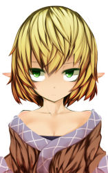 Rule 34 | 1girl, bad id, bad pixiv id, bare shoulders, blonde hair, breasts, cleavage, collarbone, expressionless, female focus, green eyes, mantarou (shiawase no aoi tori), mizuhashi parsee, off shoulder, pointy ears, short hair, solo, touhou