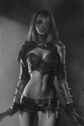Rule 34 | 1girl, armor, arms at sides, belt, breasts, cleavage, cowboy shot, dual wielding, gloves, graphite (medium), greyscale, hair over one eye, highres, holding, holding sword, holding weapon, katarina (league of legends), knife, league of legends, looking at viewer, medium hair, monochrome, narrow waist, navel, parted lips, raglan sleeves, realistic, scar, scar across eye, scar on face, short shorts, short sleeves, shorts, shoulder armor, solo, standing, sword, thigh gap, thighs, throwing knife, tim liu, traditional media, vambraces, weapon