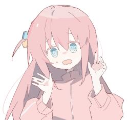 Rule 34 | 1girl, @ @, blue eyes, bocchi the rock!, commentary, cube hair ornament, gotoh hitori, hair between eyes, hair ornament, hands up, jacket, long hair, long sleeves, looking at viewer, one side up, open hands, open mouth, pink hair, pink jacket, sidelocks, simple background, solo, sweatdrop, track jacket, upper body, white background, wmikawa
